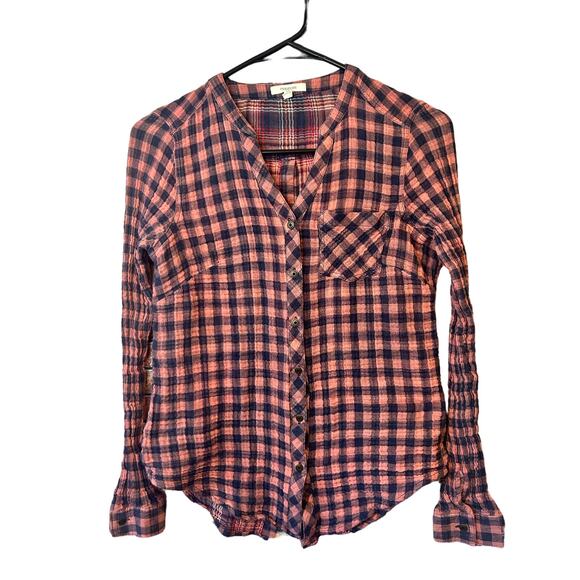 Maurices Pink blue long sleeve button up gauze checkered shirt women's small - Picture 1 of 5
